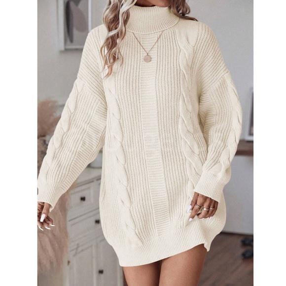 Beige Oversized Sweater Dress Cable Knit Turtleneck Long Sleeve  Mini - Picture 7 of 8